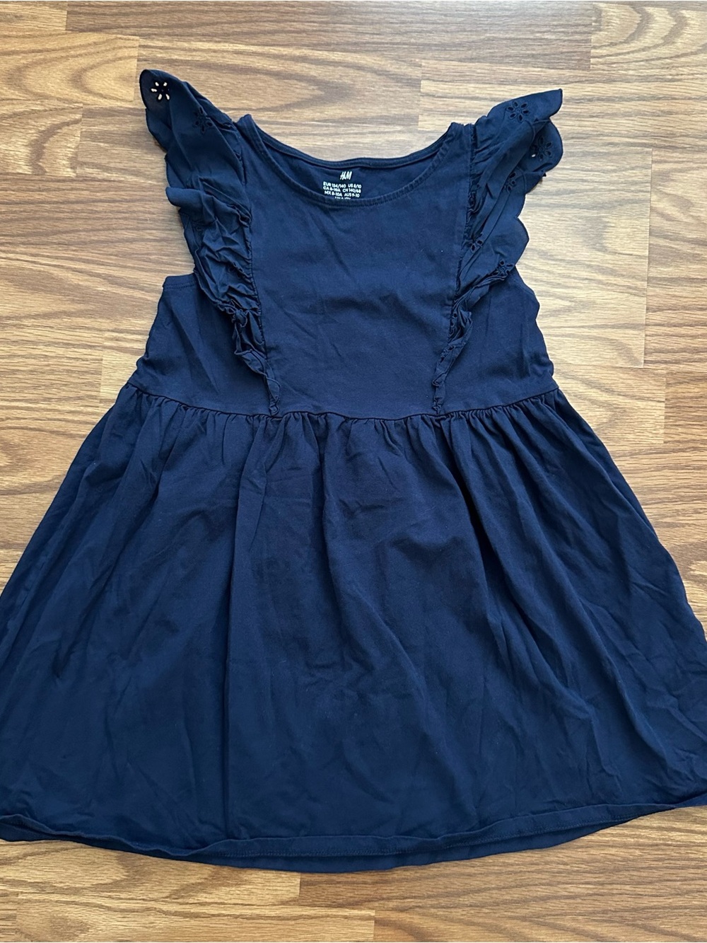H&M Girls 8-10 Eyelet Frill Short Sleeve Cotton Summer Dress Navy Blue EUC!